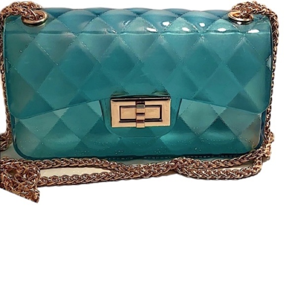 Vegan Handbags - Vegan Jelly Style Teal Color Turn Lock Cassette Gold Chain Handbag.